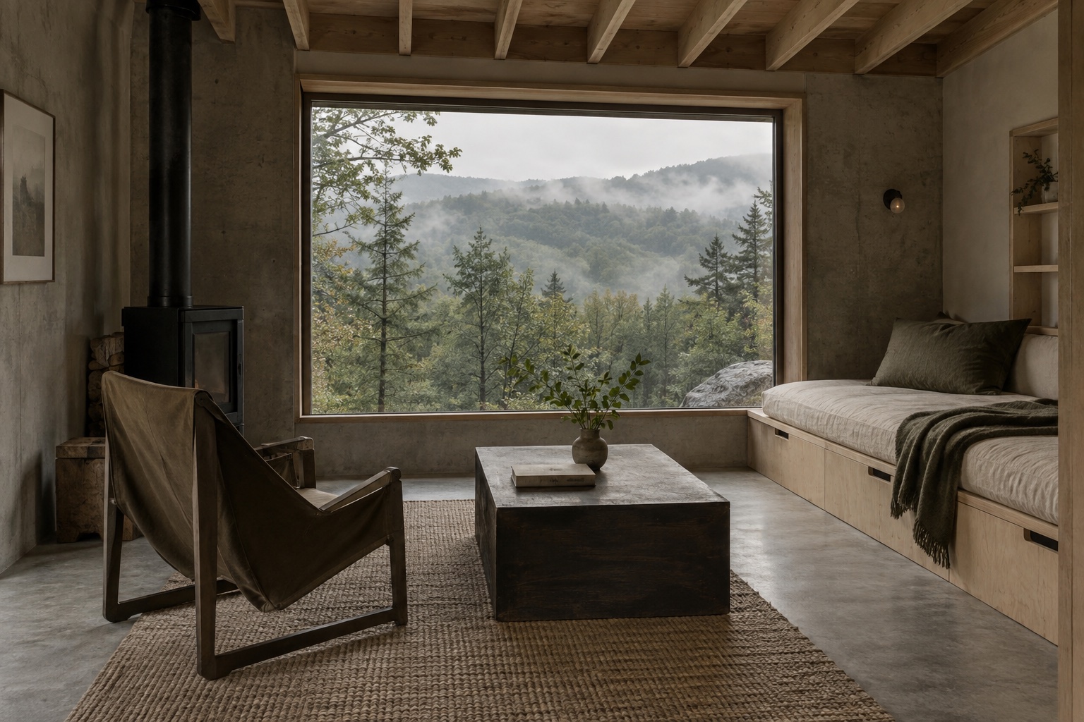 A cabin room with a plywood daybed, canvas chair, and forest view. AI-generated design study.