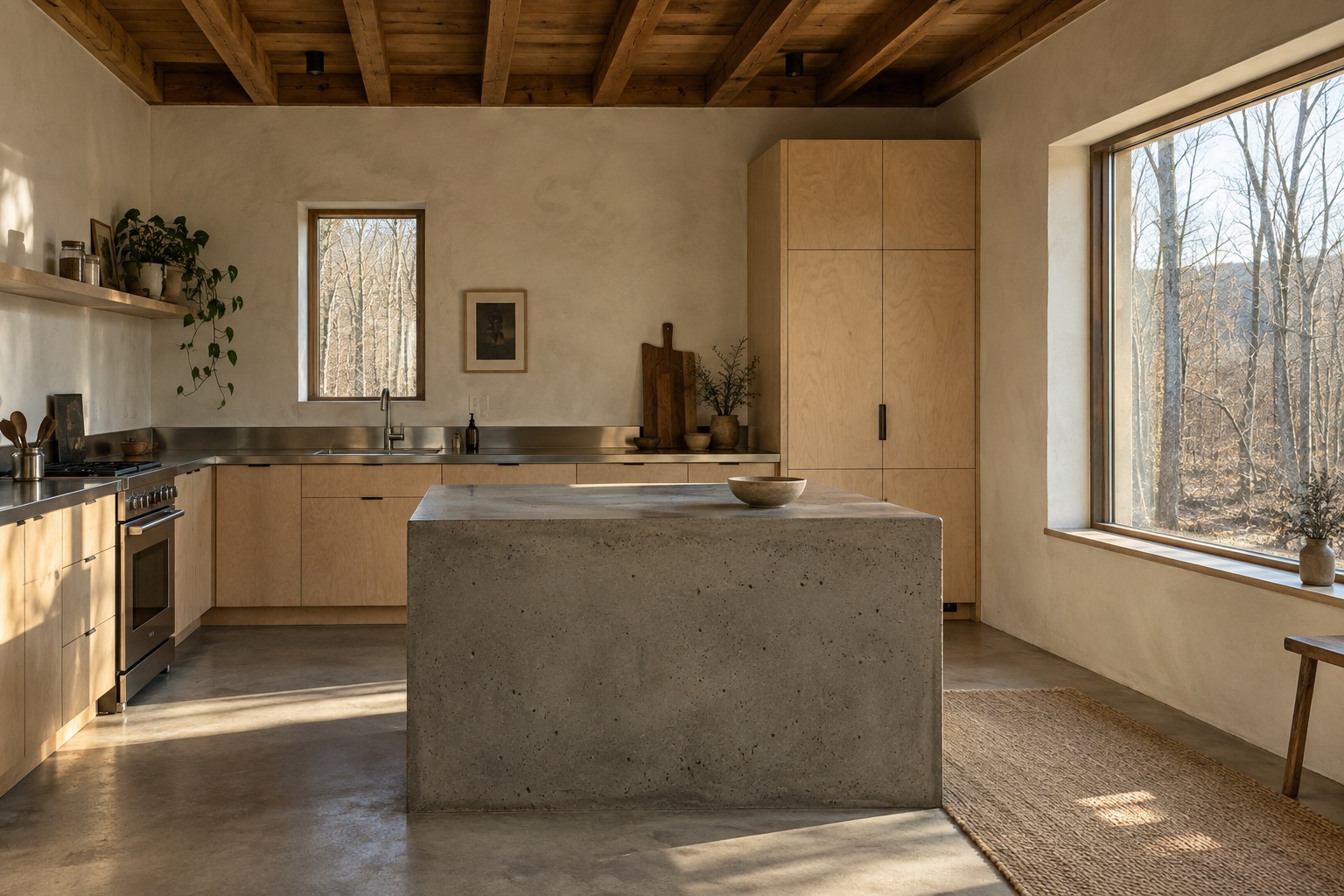 Birch plywood kitchen with a concrete island and woodland window. AI-generated design study.