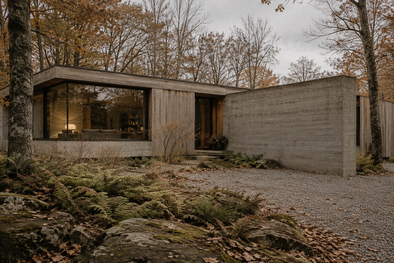 Concrete and cedar house set among autumn woodland. AI-generated design study.